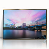 Mid-century modernist art of Connecticut scenery in muted gold tones on framed acrylic, ideal for modern art wall decor.