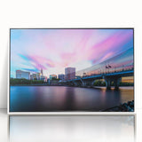 Art deco poster of Connecticut scenery in muted greens and blues, framed acrylic, ideal for modern nursery wall art.