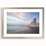 Textured abstract art print of Daytona scenery in muted earth tones, framed in silver, suitable for bedroom decor.