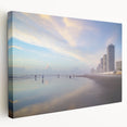 Daytona beach scene on large stretched canvas, featuring soft blue and sandy hues, ideal for kitchen wall art.