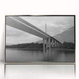 Mid-century modernist art depicting Delaware scenery in muted gray tones on a silver-framed acrylic print.