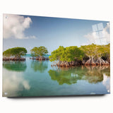 Acrylic print of a large abstract depiction of the Florida Keys in turquoise and blue tones, ideal for dining room decor.