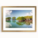 Extra large abstract art print of Florida Keys in textured style with gold frame, ideal for living room decor.