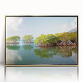 Framed acrylic print of Florida Keys scenery with gold accents, in mid-century modernist style.