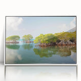 Art deco style poster of Florida Keys scenery in muted blue and white tones, framed acrylic.