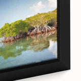 Close-up of extra large framed canvas featuring a textured depiction of the Florida Keys in black with colorful accents.