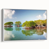 Vintage poster art of Florida Keys on framed canvas, featuring vibrant colors on a black background.