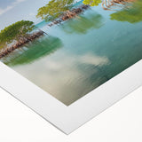Art deco poster of Florida Keys with vibrant blue and green hues on rolled canvas, suitable for dining room wall art.