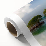 Art Deco style poster of Florida Keys scenery on rolled canvas, featuring pastel blue and pink shades.