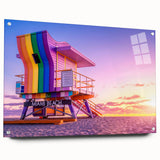 Acrylic print of a Miami skyline in vibrant twilight hues, ideal for bedroom or dining room decor.