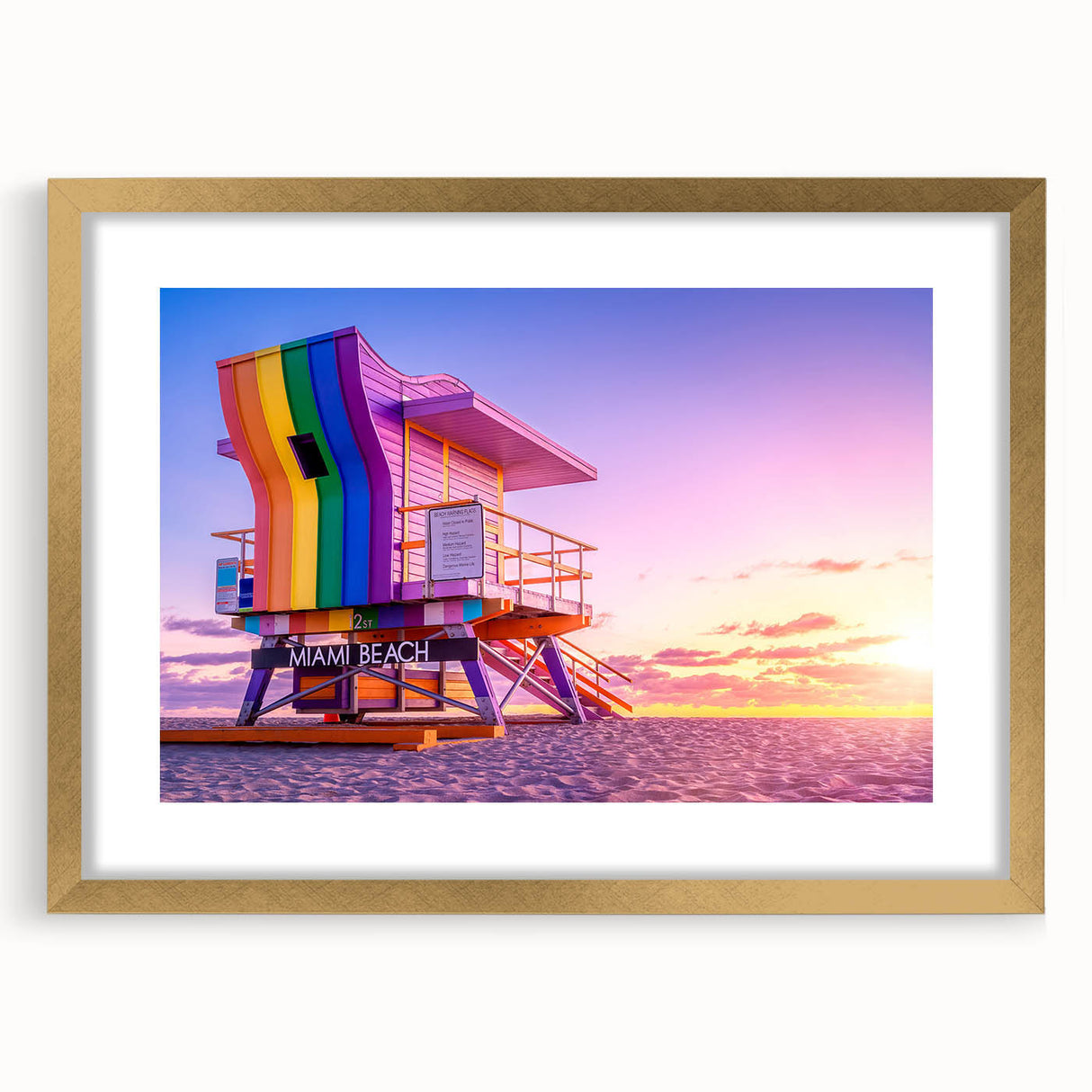 Extra large abstract art print of Miami scenery in textured gold frame, ideal for living room decor.