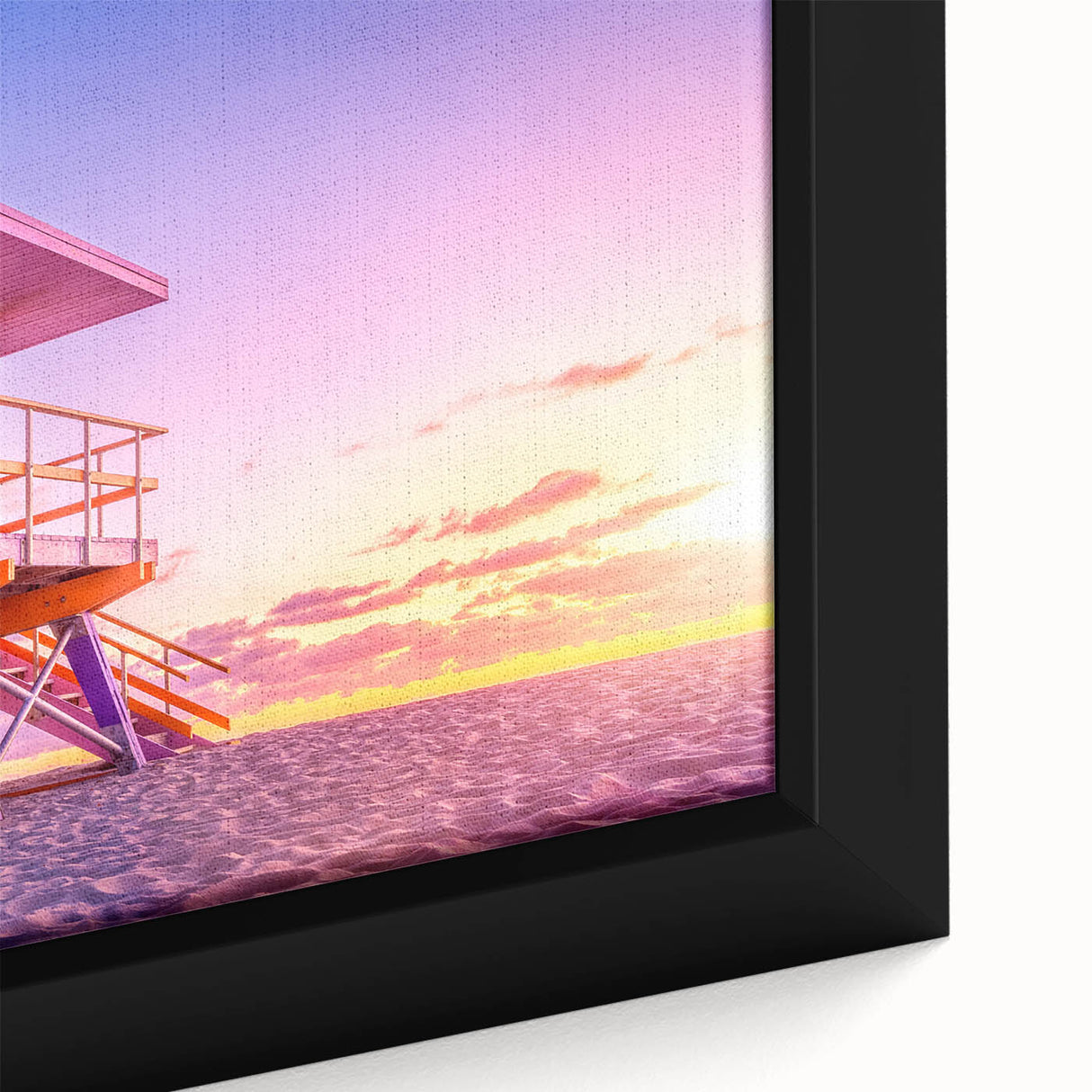 Extra large framed canvas featuring a textured depiction of Miami skyline in vibrant colors, ideal for living room decor.