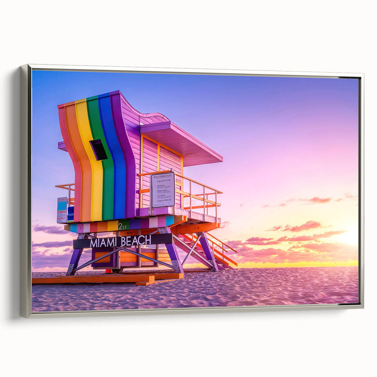 Framed canvas landscape art painting of Miami with colorful and black elements in a vintage poster style.