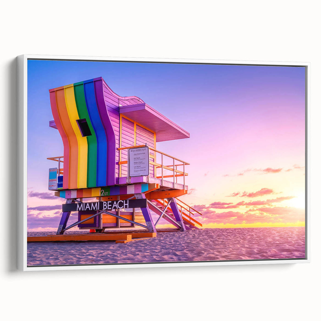 Vintage poster art of Miami skyline in vibrant colors on a large framed canvas, ideal for living room decor.