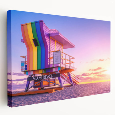 Side view of a large stretched canvas depicting the Miami skyline in vibrant sunset colors, suitable for kitchen wall art.