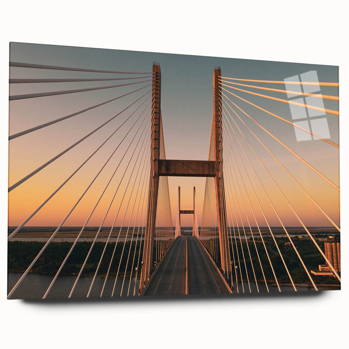 Acrylic print of a large abstract depiction of Savannah, Georgia in muted blue and green tones.