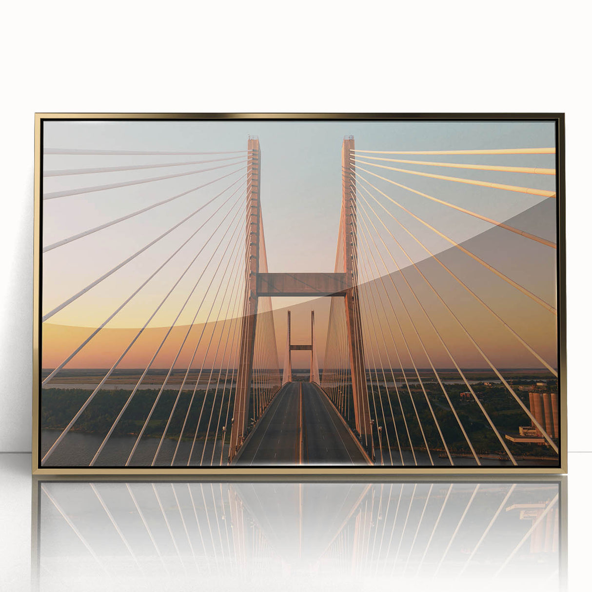 Mid-century modernist Savannah, USA scenery depicted in muted gold and green tones on a framed acrylic print.