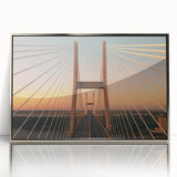 Mid-century modernist art of Savannah landscape in muted green and blue, acrylic print in silver frame.