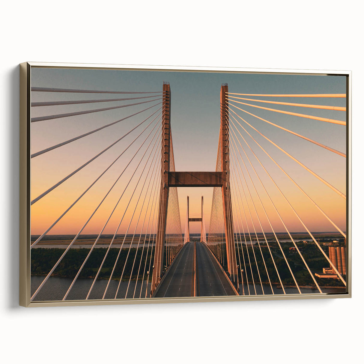 Framed canvas featuring a vintage-style landscape painting of Savannah, Georgia in muted gold and black tones.