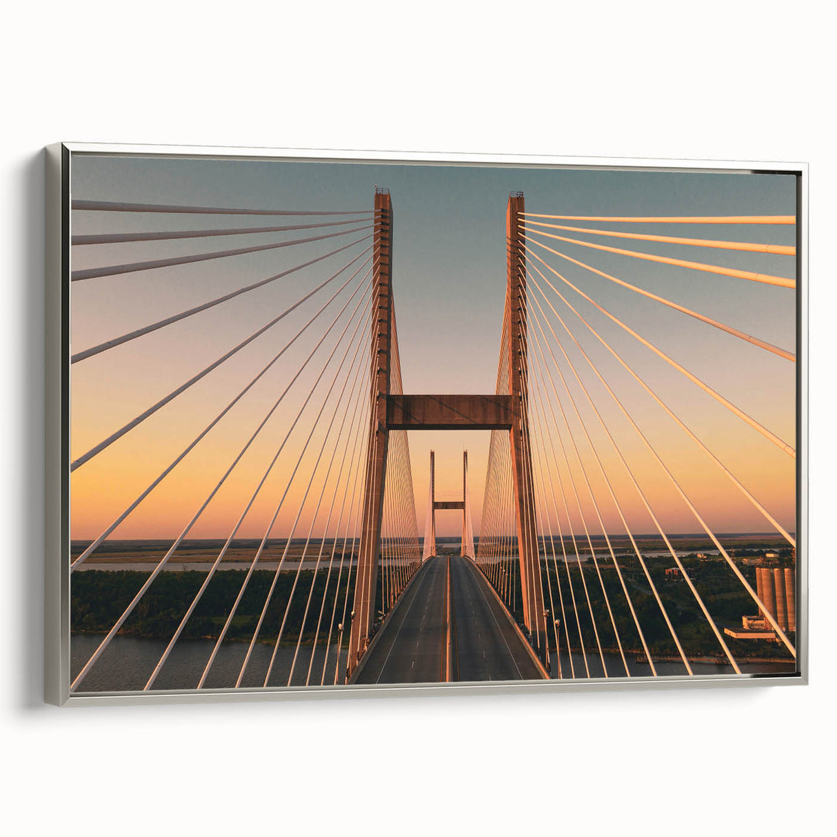 Landscape art painting of Savannah, Georgia, featuring a vintage poster style on a silver-framed canvas.