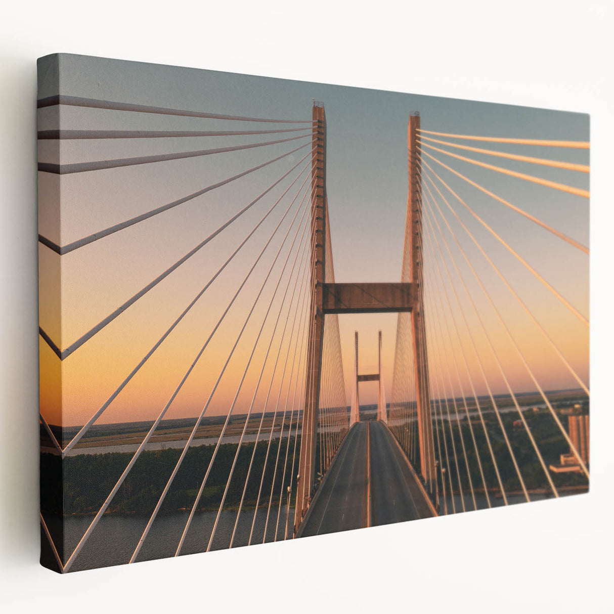 Savannah, Georgia cityscape on large stretched canvas with warm orange and brown tones, suitable for kitchen wall art.