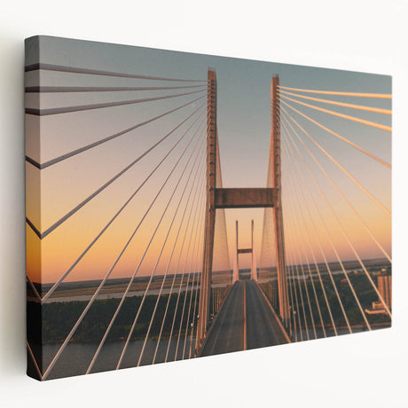 Savannah, Georgia cityscape on large stretched canvas with warm orange and brown tones, suitable for kitchen wall art.