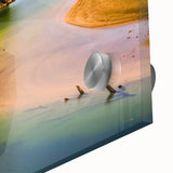 Large abstract depiction of Kauai, Hawaii on acrylic glass, with vibrant green and blue tones, suitable as dining room art.