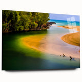 Large abstract depiction of Kauai landscape in vibrant green and blue tones on acrylic glass.