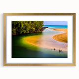 Extra large abstract art print of Kauai, Hawaii scenery in gold frame, featuring textured blue and green tones.