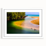 Abstract art print of Kauai landscape in muted green and blue tones on a white framed canvas, suitable for dining room decor.