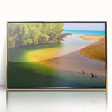 Mid-century modernist acrylic print of Kauai landscape in gold frame, ideal for modern art wall decor.