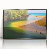 Mid-century modernist acrylic print of Kauai, Hawaii scenery in muted green and blue tones, ideal for nursery wall art.