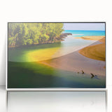 Acrylic print of Kauai landscape with vivid green and blue tones, framed in white, suitable for modern art wall decor.