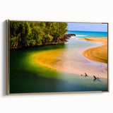 Framed canvas featuring a vintage-style landscape painting of Kauai, Hawaii, with black and gold tones.