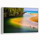 Vintage poster art of Kauai scenery in vibrant colors on extra large framed canvas, ideal for living room decor.