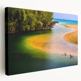 Lush tropical landscape with vibrant greens and blues on a large stretched canvas, suitable for kitchen wall art.