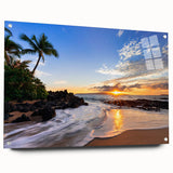 Acrylic print of a large abstract depiction of Maui coastline in serene blue and green tones, suitable for dining room decor.