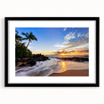 Extra large abstract art print of colorful, textured scenery of Maui, framed in black, ideal for living room decor.