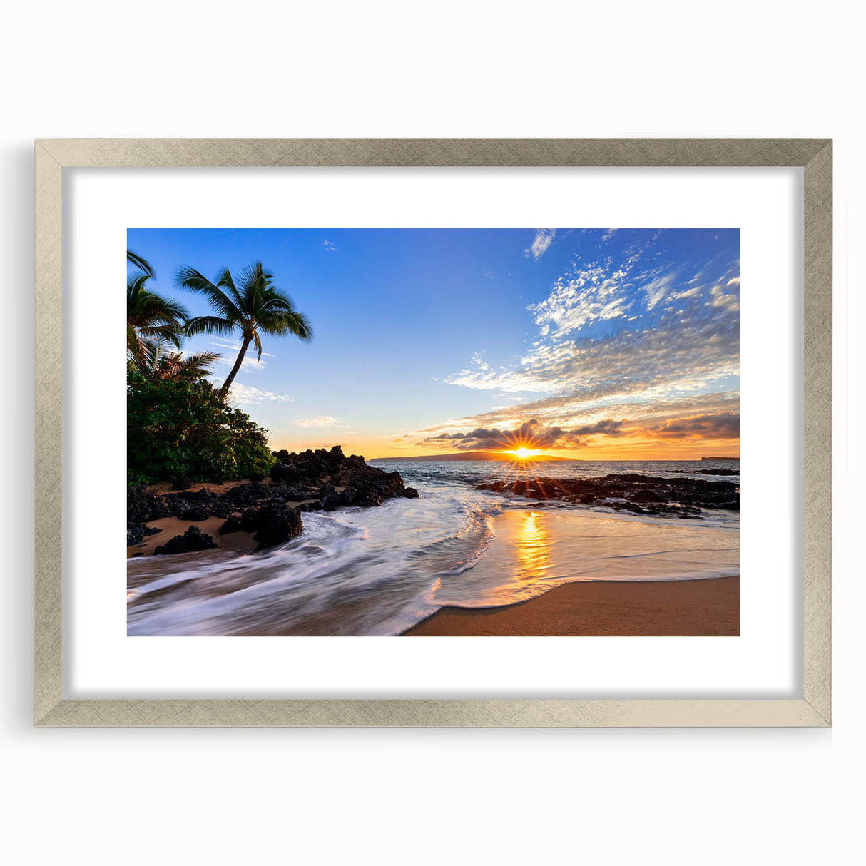 Textured abstract art print depicting a serene Maui landscape in soft blue and green tones, framed in silver.