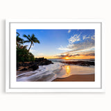 Abstract art print of a Maui scenery in muted blue and green hues on a white framed mat.