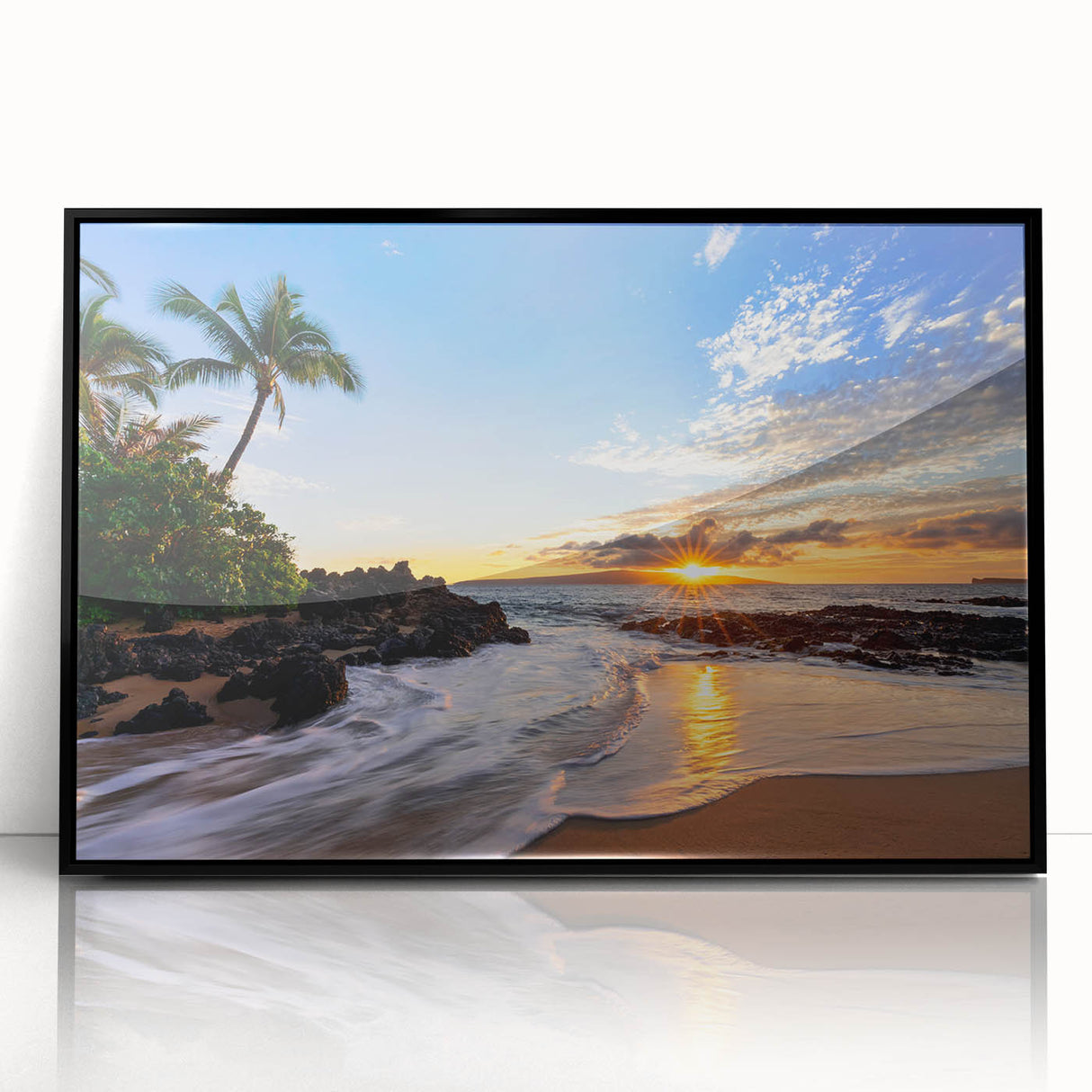 Large abstract wall art of Maui scenery in muted earth tones, framed in black acrylic, suitable for modern living room decor.