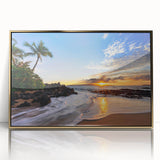 Framed acrylic print of a Maui, Hawaii landscape in mid-century modernist style, using muted earth tones.