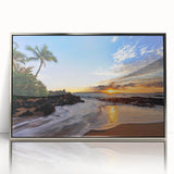 Mid-century modernist art depicting a serene Maui landscape on a silver-framed acrylic print.
