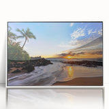 Framed acrylic print of a Maui, Hawaii scenery in art deco style, with vibrant ocean and sky tones.