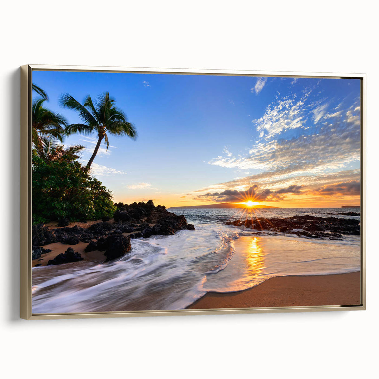 Framed canvas depicting a vintage-style Maui landscape in muted gold and black tones, ideal for bedroom wall art.