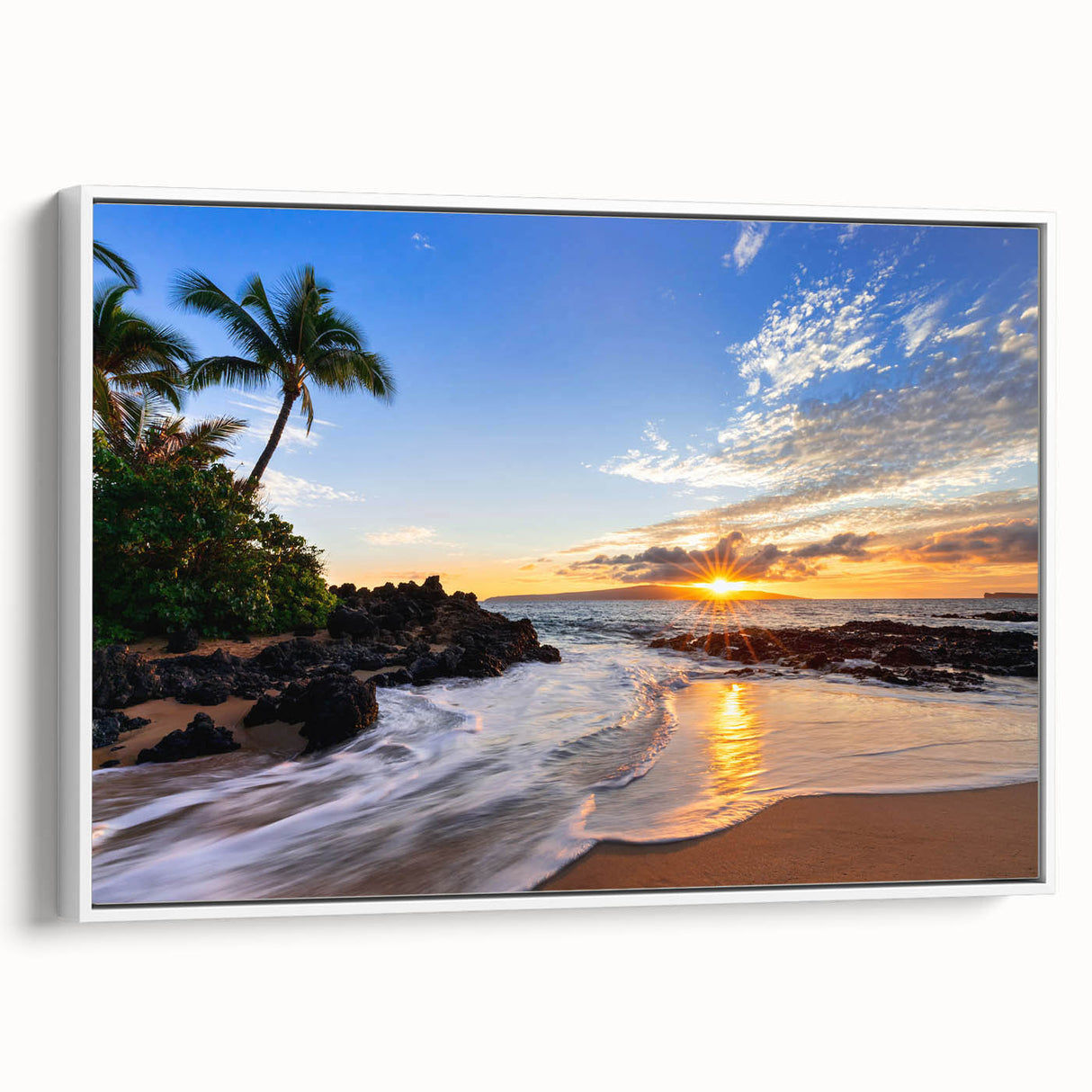 Vintage poster art of Maui scenery on extra large framed canvas, featuring colorful art with black accents.