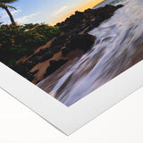 Art deco poster of a Maui scenery with vibrant ocean blues and greens on rolled canvas, suitable for dining room wall art.