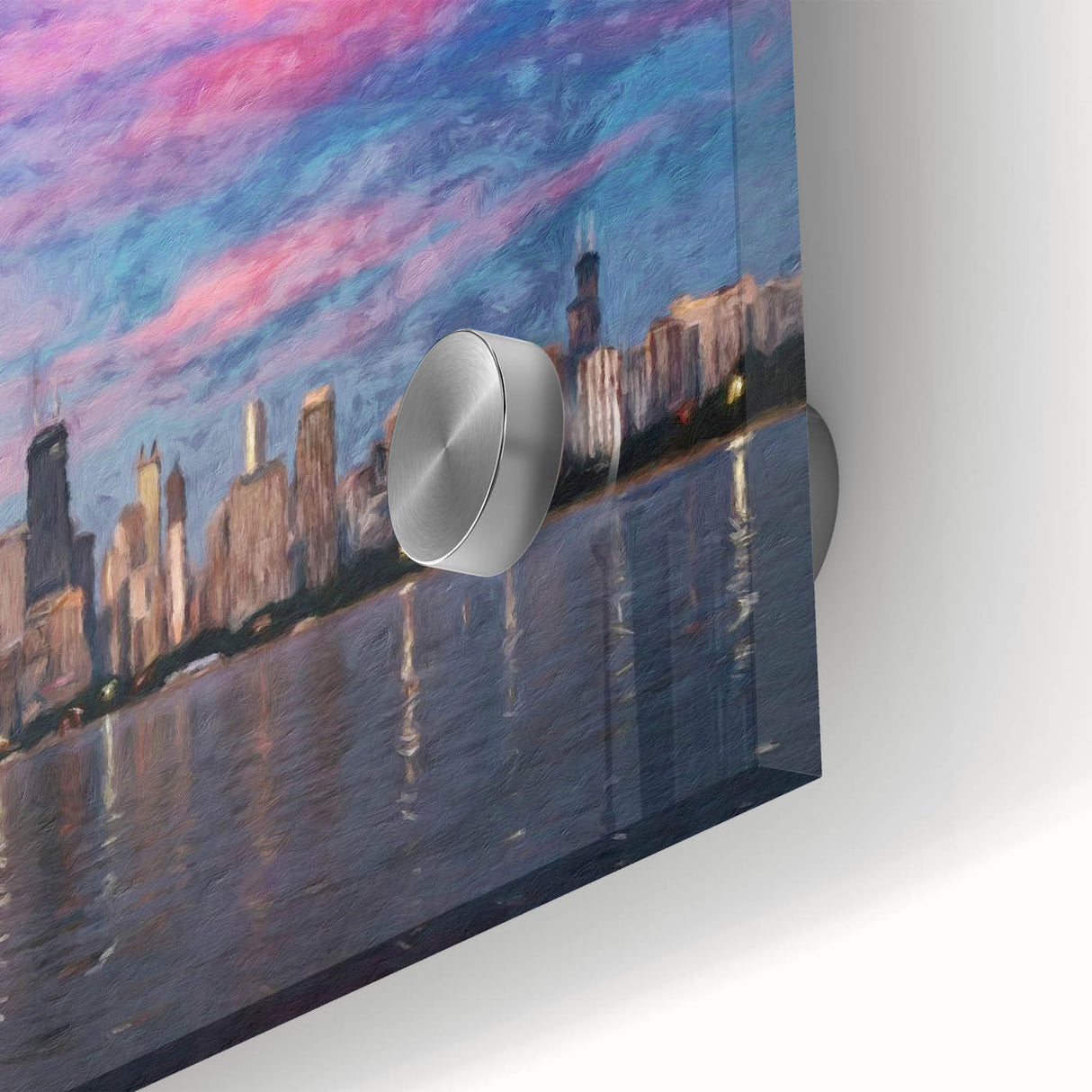 Large abstract depiction of Chicago skyline in muted gray and blue tones on acrylic glass, suitable for dining room art.