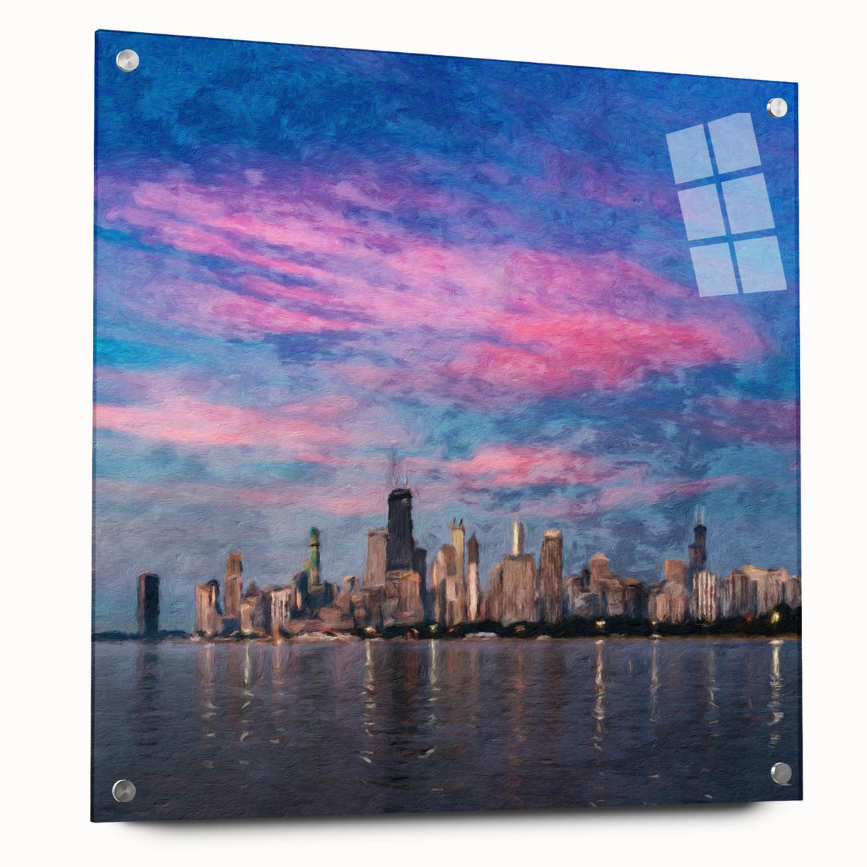 Large abstract depiction of the Chicago skyline in muted gray and blue tones on acrylic glass.