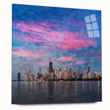 Large abstract depiction of Chicago's skyline in muted gray and blue tones on acrylic glass.